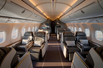 Naklejka premium Explore the Sleek Interior of an Airplane's Front Row, High Ceilings, Recessed Lighting & Scenic Views.