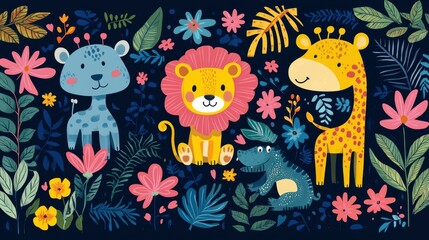 Naklejka premium Adorable jungle animals like sloths, monkeys, and crocodiles in a vibrant floral background. Fun and cheerful vector pattern