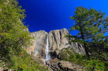Sunny view of the Upper Yosemite Falls in Yosemite National Park