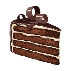 Hand-drawn sketch of a layered chocolate cake with icing and shavings. Realistic slice illustration