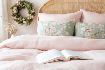 cozy bed with soft pink linen sheets, floral pillows, and an open book, with a decorative wreath hanging on the wall behind the rattan headboard