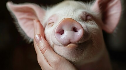 A close-up of a pink piglet with its eyes closed, being petted by a human hand. The piglet is smiling, and the image is soft and heartwarming.