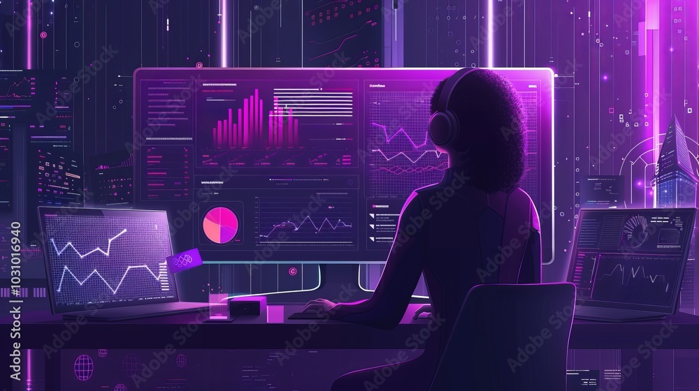Poster ai developer working on data models, surrounded by data visualizations
