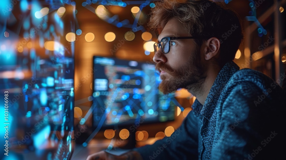 Poster ai developer working on data models, surrounded by data visualizations
