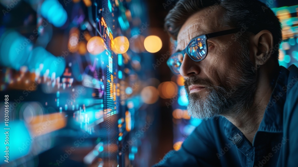 Poster ai developer working on data models, surrounded by data visualizations