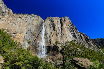 Sunny view of the Upper Yosemite Falls in Yosemite National Park