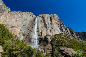 Sunny view of the Upper Yosemite Falls in Yosemite National Park