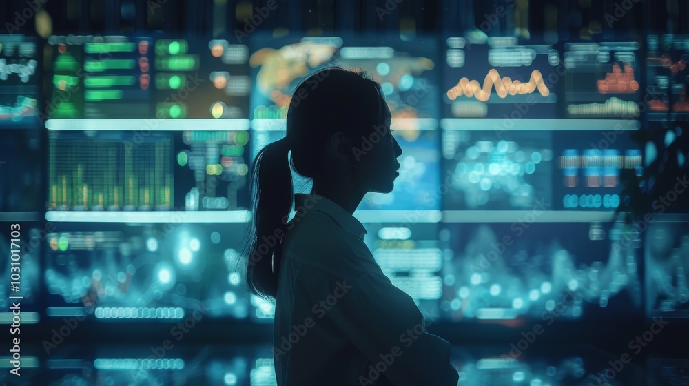 Poster ai developer working on data models, surrounded by data visualizations