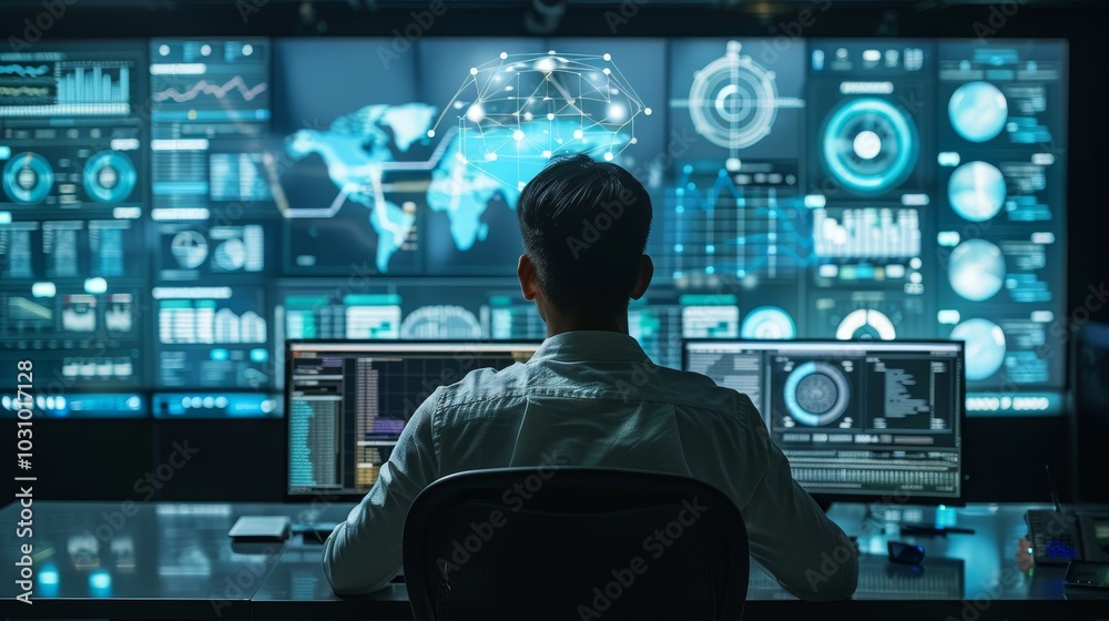 Poster ai developer working on data models, surrounded by data visualizations