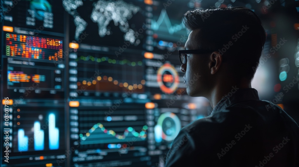 Poster ai developer working on data models, surrounded by data visualizations