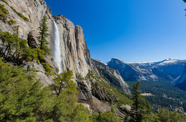 Sunny view of the Upper Yosemite Falls in Yosemite National Park