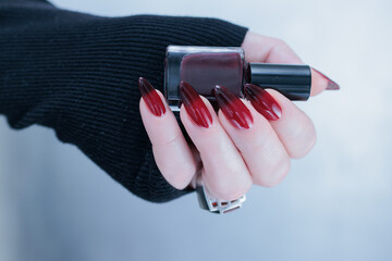 Female hands with long nails and black and red nail polish