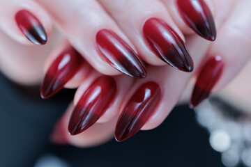 Female hands with long nails and black and red nail polish