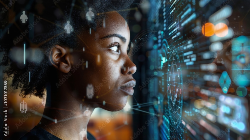 Poster ai developer working on data models, surrounded by data visualizations