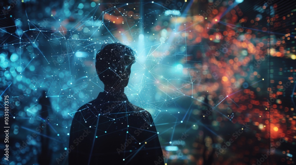 Poster ai developer working on data models, surrounded by data visualizations
