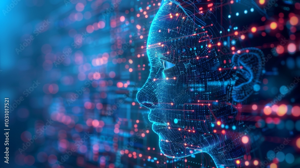 Poster ai developer working on data models, surrounded by data visualizations