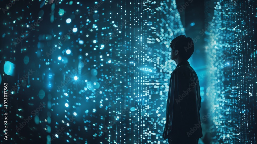 Poster ai developer working on data models, surrounded by data visualizations