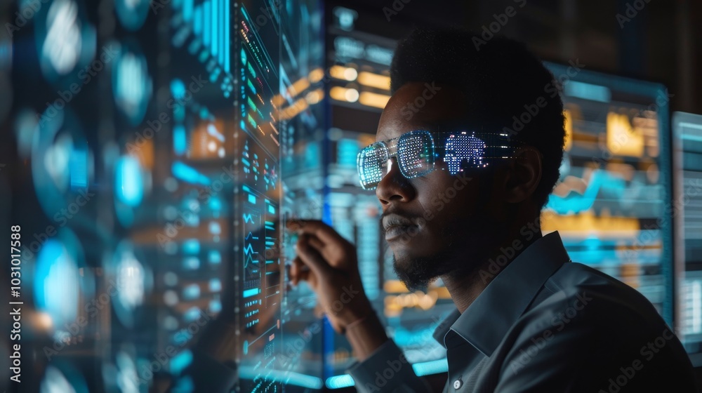 Poster ai developer working on data models, surrounded by data visualizations