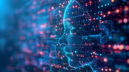 AI developer working on data models, surrounded by data visualizations