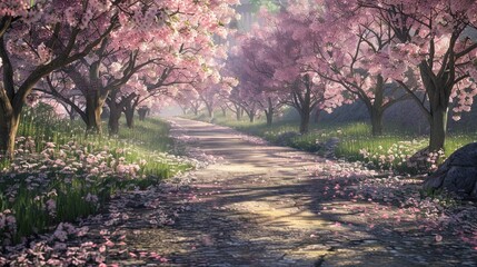 Blossoming Beauty Tranquil Path through Enchanting Sakura Park in Japan