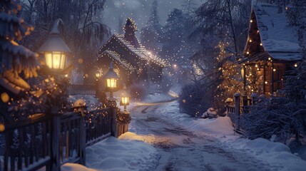 Winter Wonderland Enchanting LanternLit Pathway in Festive SnowCovered Village