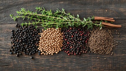Fototapeta premium Flat lay of popular spices like black peppercorns, mustard seeds, and cinnamon sticks, placed on a rustic wooden table with a sprig of fresh thyme.