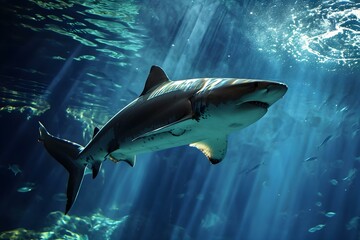 Fototapeta premium Shark swimming in deep blue ocean waters 