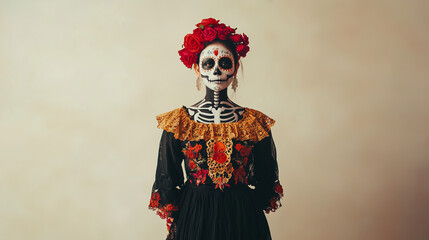 
Minimalist portrait of a Mexican woman in a traditional skeleton dress, set against a plain cream-colored backdrop with soft, natural light 
