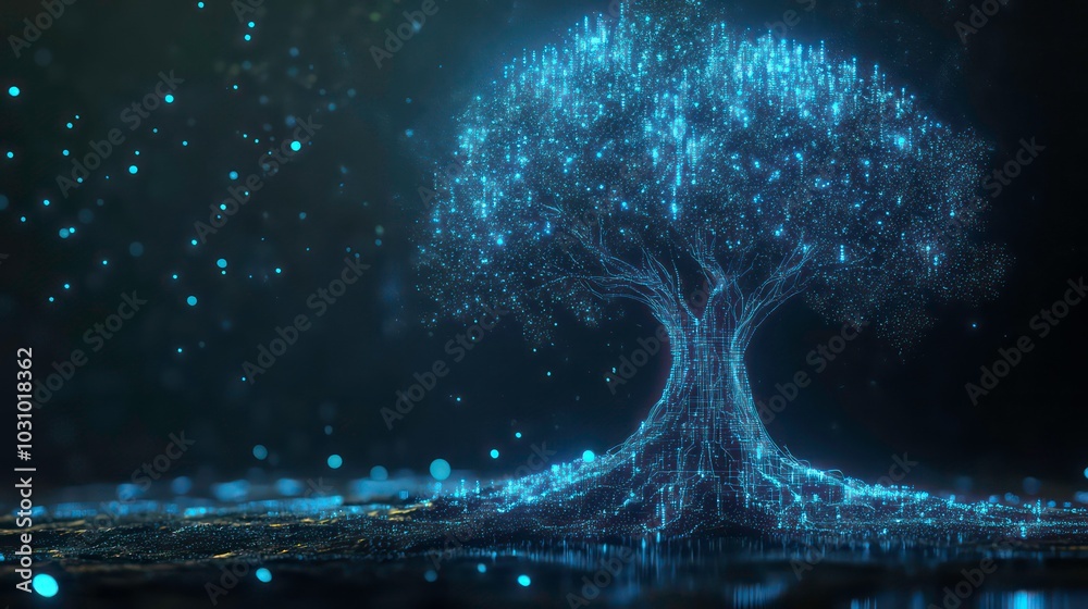 Wall mural a glowing blue tree with twinkling lights, abstract and digital, symbolic of growth, technology, and