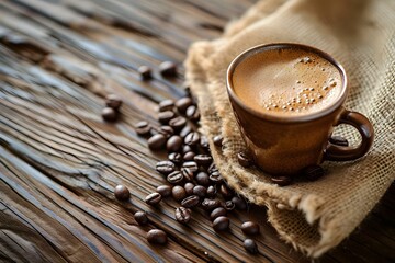 Cup of coffee with beans on rustic wooden table
