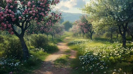 Blossoming Beauty A Tranquil Pathway Through a Vibrant Apple Orchard Embrace the Renewal of Spring in this Serene Stock Image