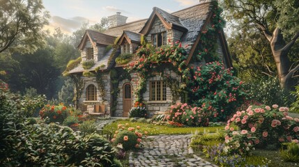 Fototapeta premium Enchanting English Countryside Escape Stone Cottage Oasis with Climbing Roses and Cobblestone Path