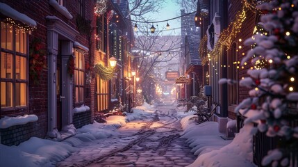 Fototapeta premium Winter Wonderland Cozy Alley adorned with Festive Lights in a Snowy Town