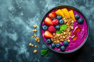 A vibrant acai bowl smoothie with granola, fresh fruits, and a drizzle of honey on top