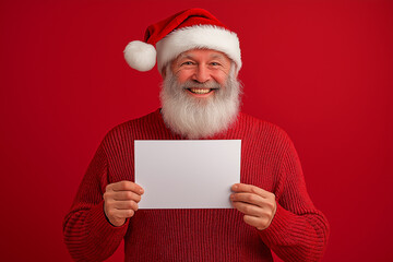 Naklejka premium Happy Santa Claus Holding Blank White Sign for Christmas Holiday Message or Promotional Text on Red Background for Seasonal Marketing Concept Photography