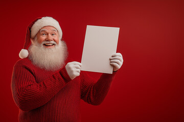 Naklejka premium Happy Santa Claus Holding Blank White Sign for Christmas Holiday Message or Promotional Text on Red Background for Seasonal Marketing Concept Photography