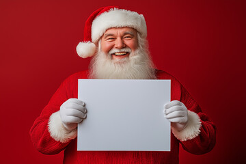 Naklejka premium Happy Santa Claus Holding Blank White Sign for Christmas Holiday Message or Promotional Text on Red Background for Seasonal Marketing Concept Photography