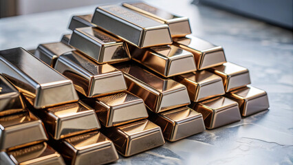 A collection of shiny gold bars is carefully stacked on a sleek, polished surface, reflecting light and emphasizing their opulent appearance. This arrangement conveys a sense of prosperity
