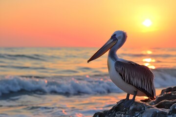 Pelican perched on rock at sunset beach
