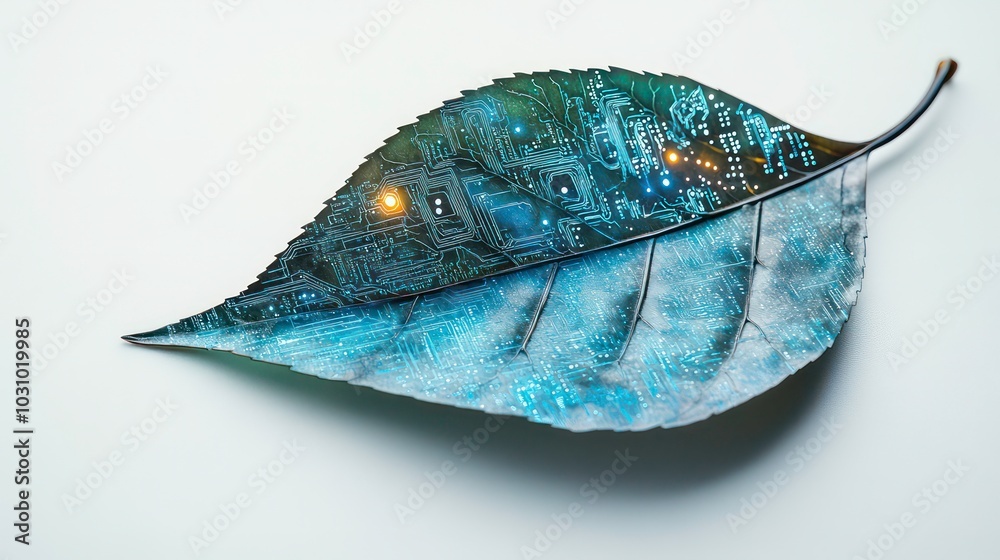 Wall mural a green leaf with a circuit board pattern inside, representing the intersection of nature and techno