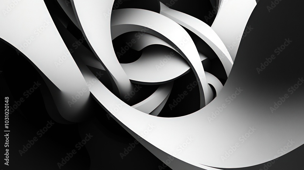 Wall mural black and white abstract shapes overlapping with depth