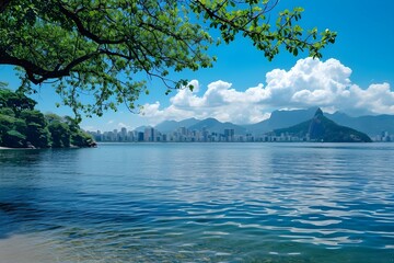 Scenic Lake with City Skyline and Mountain View
