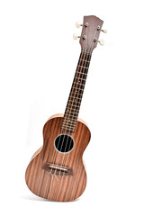 FRONT VIEW OF UKULELE ON ISOLATED WHITE BACKGROUND.