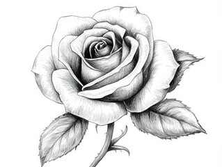 Black and white sketch a single rose with elegant detailing