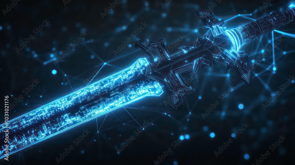 Wall mural a glowing blue sword with intricate details, set against a dark background with a network of glowing