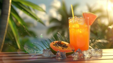 Fototapeta premium Sunny Serenity Papaya Juice Refreshment on a Patio Table