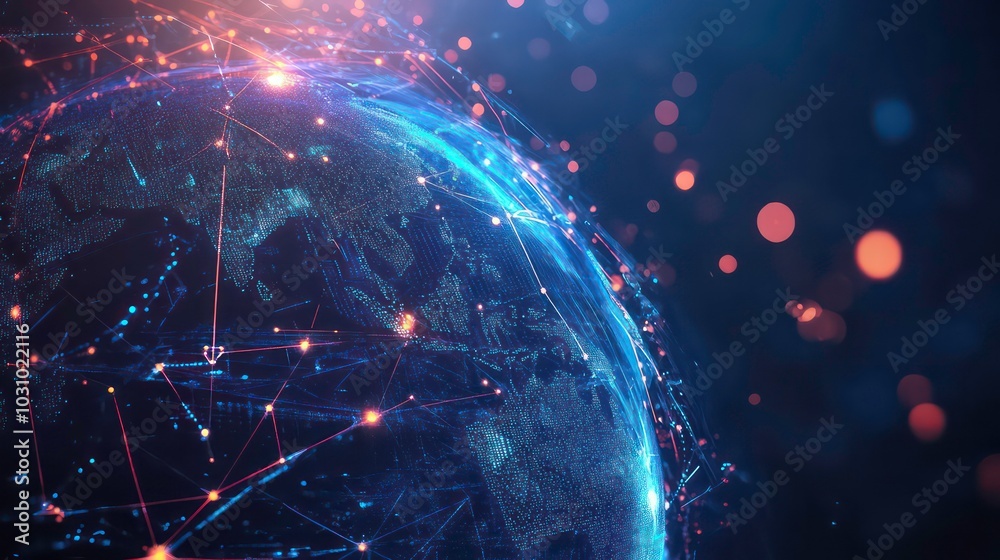 Wall mural a glowing blue and red globe with lines of code and connections symbolizing global digital network.