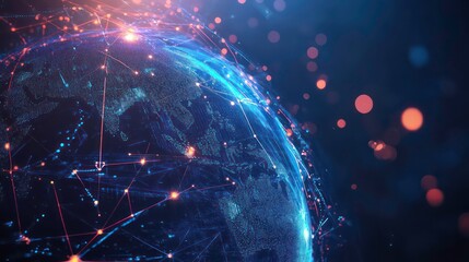 A glowing blue and red globe with lines of code and connections symbolizing global digital network.