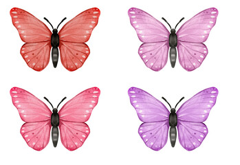 Set of Four Watercolor Butterflies in Pink and Red Shades – Beautifully Designed Illustration, Perfect for Spring Decor, Greeting Cards, and Floral Art