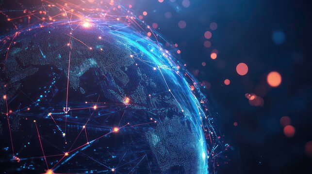 A glowing blue and red globe with lines of code and connections symbolizing global digital network. - Powered by Adobe